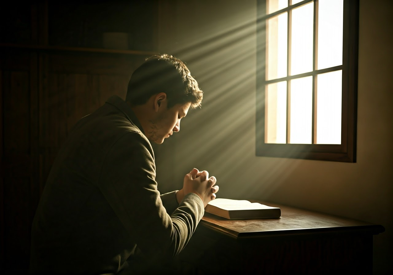 Person praying in sunlight.