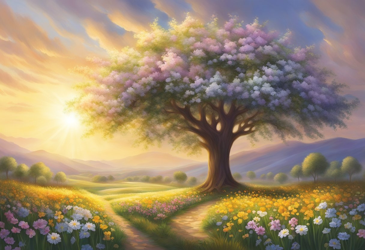 A radiant beam of light shining down on a vast field of blooming flowers, symbolizing the immense benefits of Abraham's faith for all believers