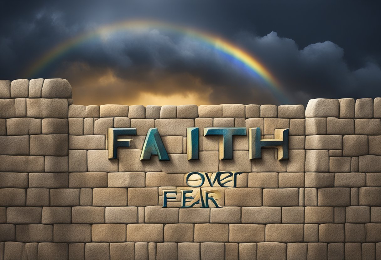 A beam of light breaking through dark clouds, illuminating the words "Faith Over Fear" carved into a stone wall