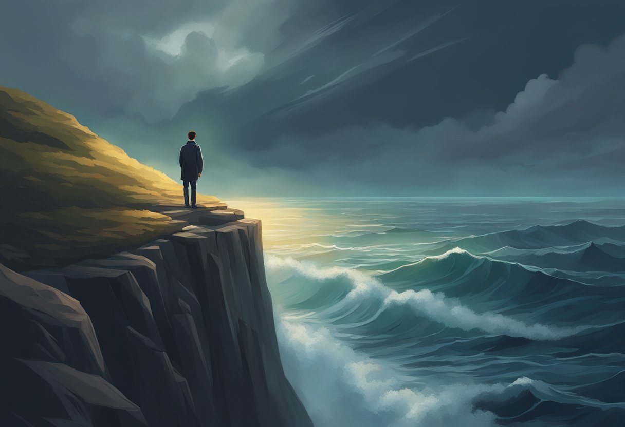 A lone figure standing on the edge of a cliff, gazing out at a stormy sea with a glimmer of hope in the distance