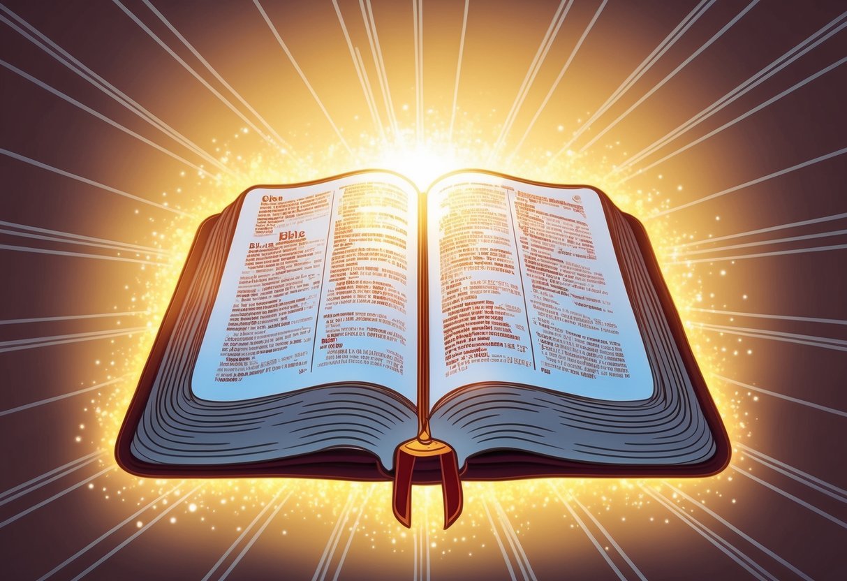 A glowing, open Bible surrounded by beams of light, symbolizing faith and enlightenment