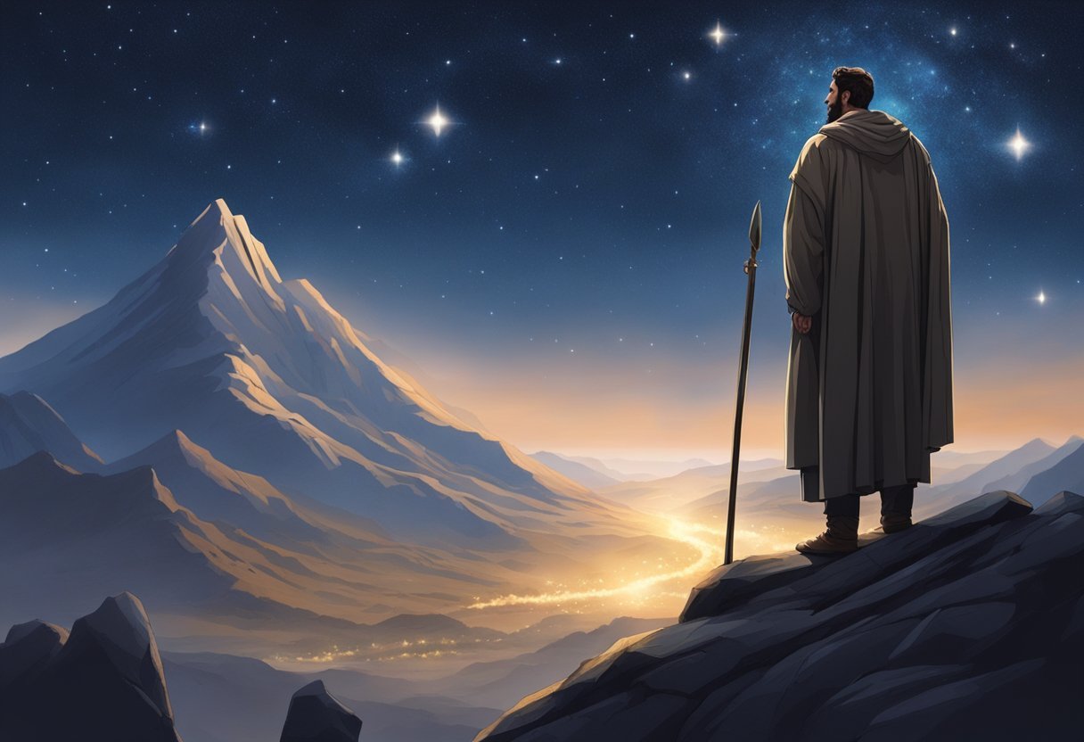 Abraham stands alone on a mountain, gazing up at the stars in the night sky, his unwavering faith evident in his posture and expression