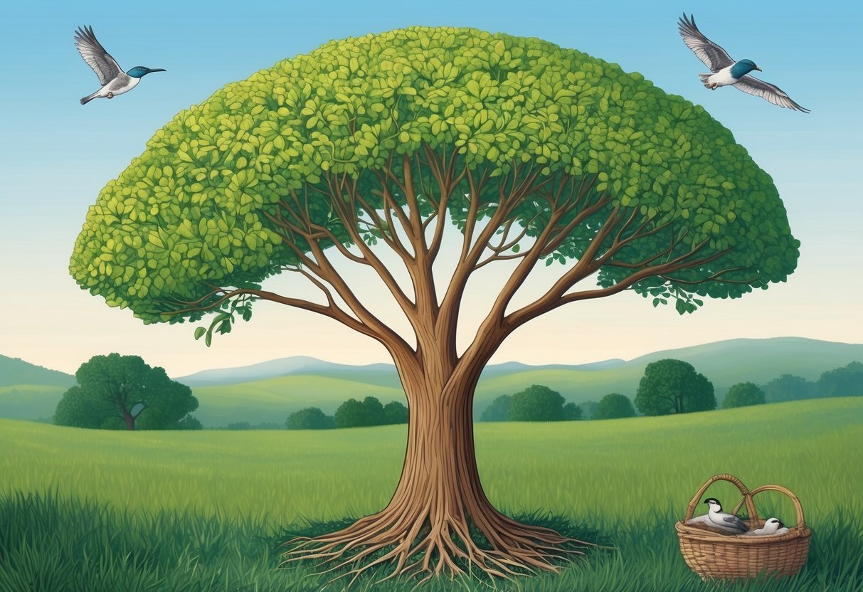 A mustard seed growing into a large tree, with birds nesting in its branches