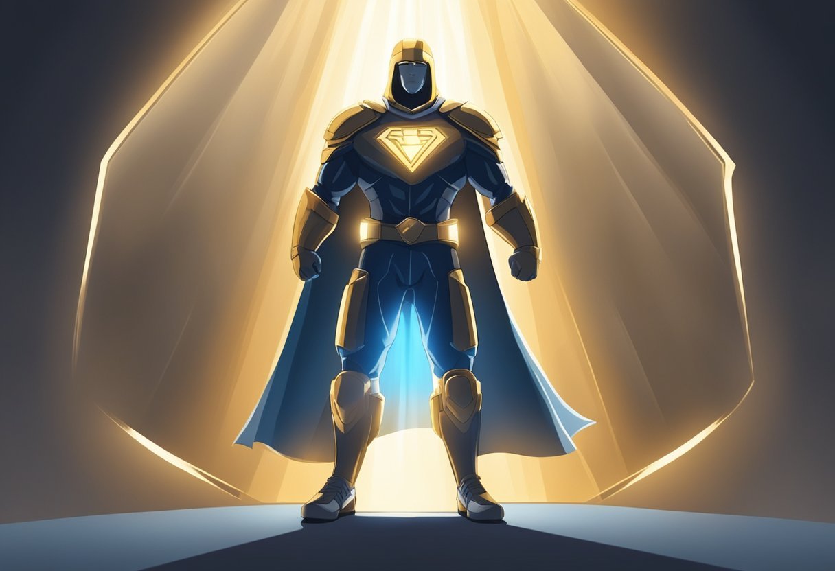 A person standing strong and confident, with a shield of faith blocking out fear and doubt. Rays of light shining through the darkness