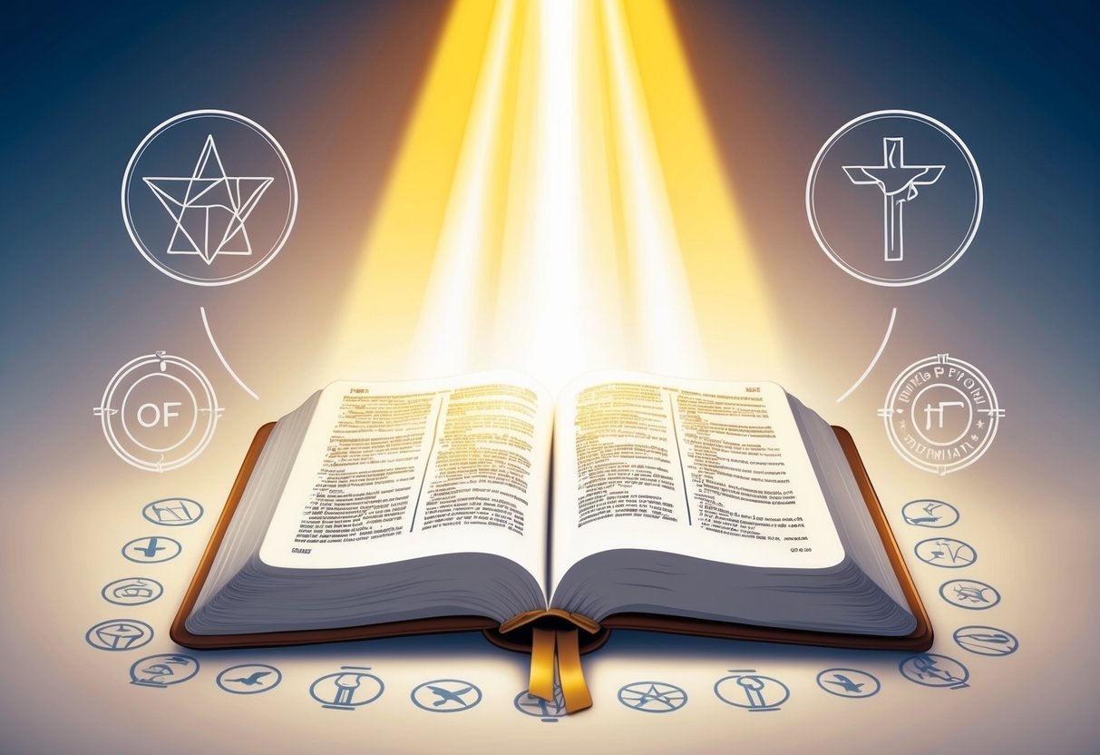 A glowing beam of light shining down onto an open Bible, surrounded by symbols of hope and trust