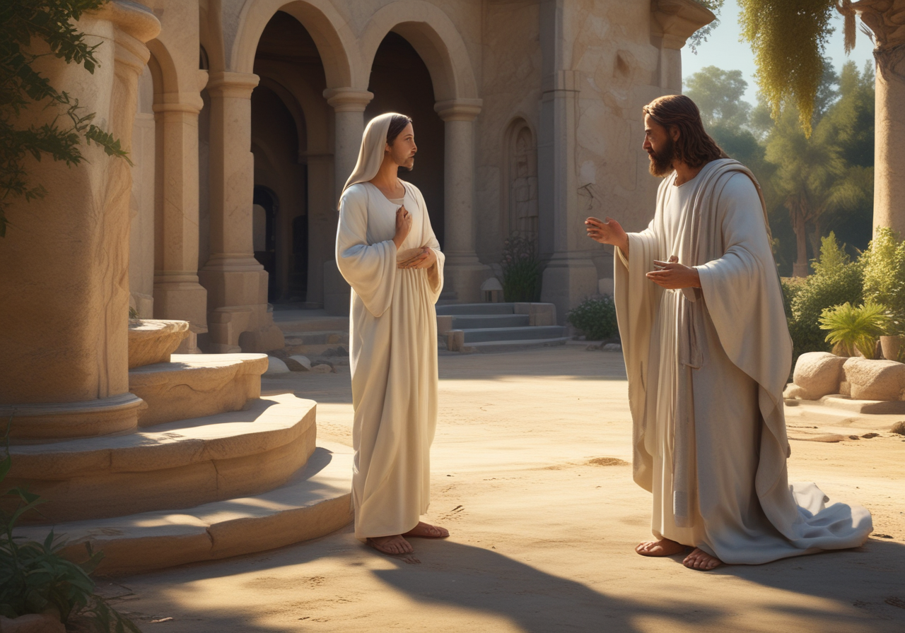 Jesus talking to Mary outside tomb.
