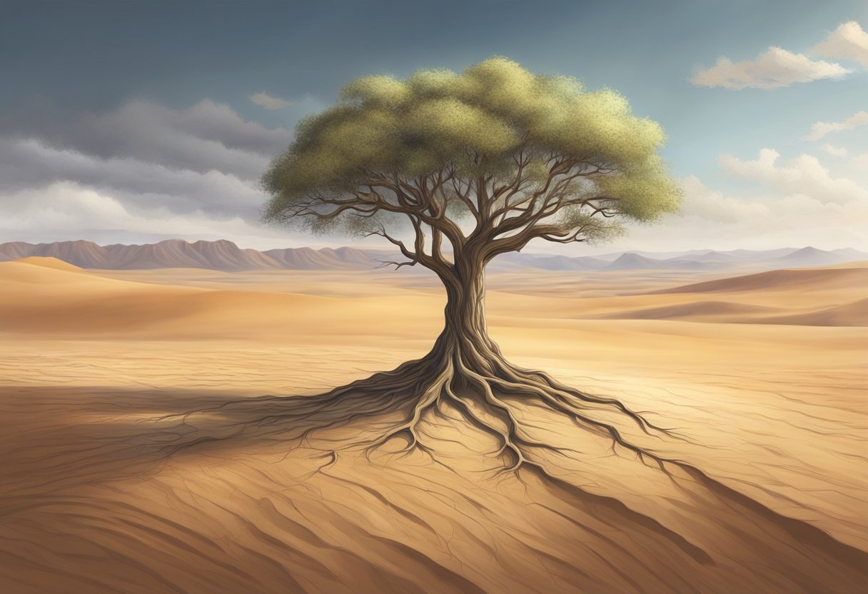 A lone tree stands tall in a barren desert, its roots reaching deep into the dry earth as a symbol of unwavering hope