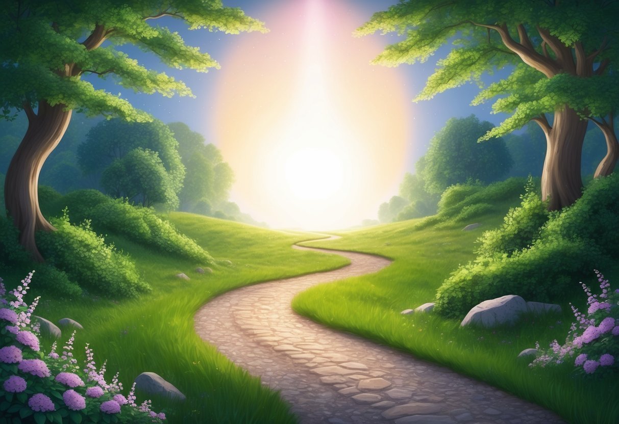 A serene landscape with a winding path leading to a glowing, ethereal light at the end, surrounded by lush greenery and blooming flowers