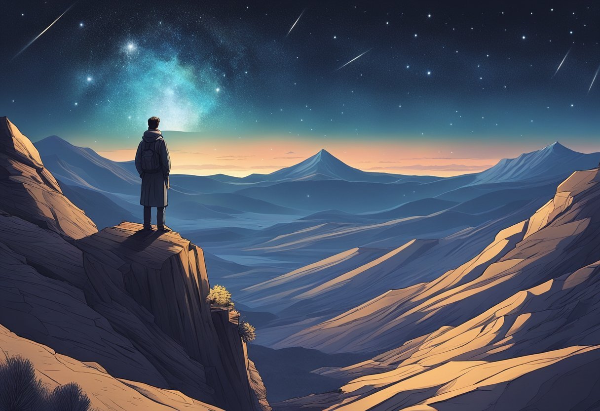 A lone figure stands atop a mountain, gazing at the stars in the night sky, surrounded by a barren landscape