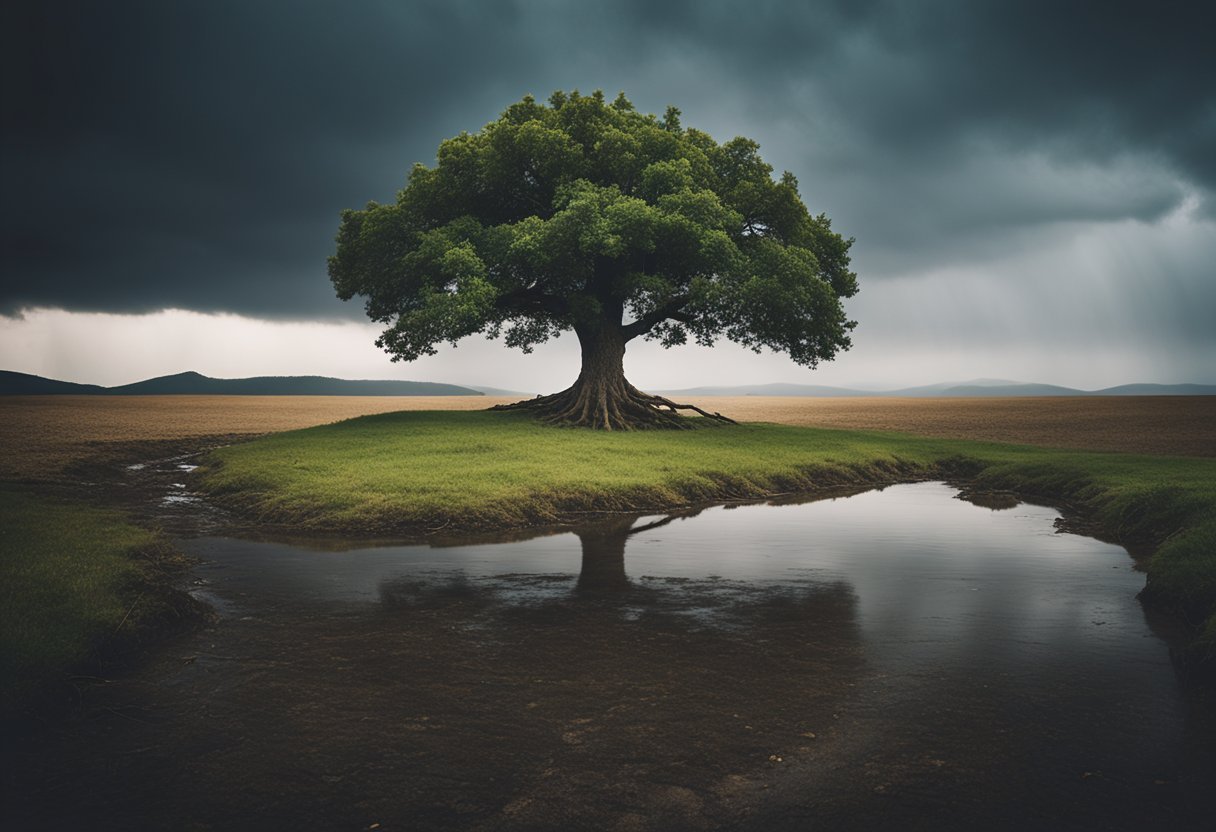 A lone tree standing tall amidst a storm, its roots firmly anchored in the ground while the wind and rain attempt to shake it