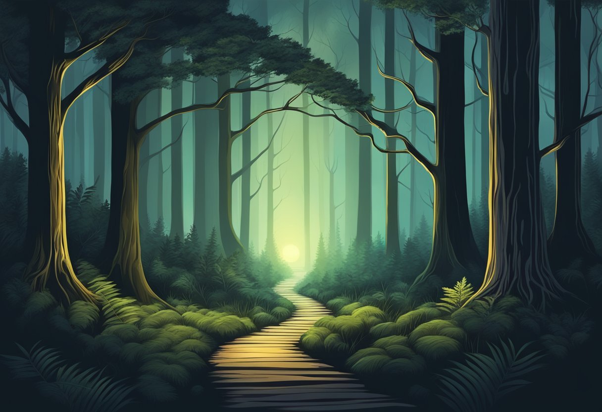 A dark forest with a path leading to a glowing light, symbolizing the struggle between fear and faith