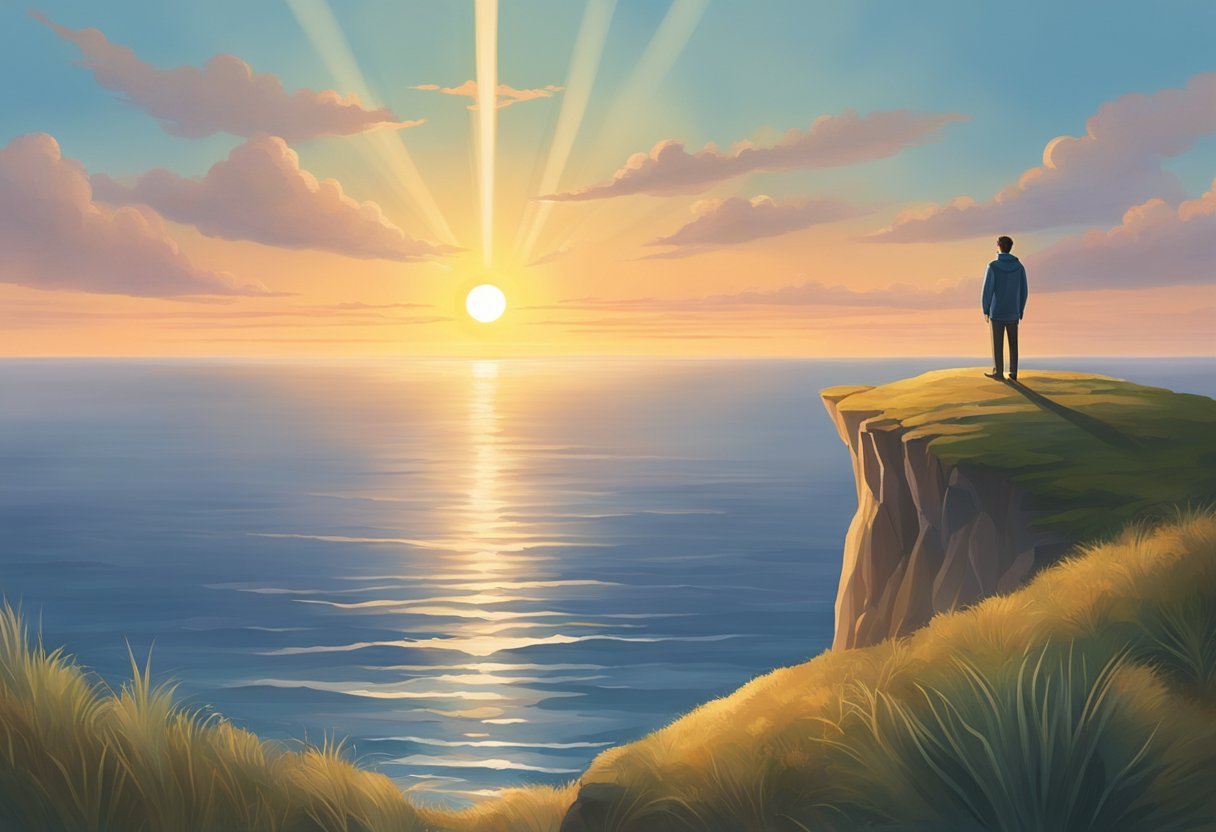 A serene figure stands on a cliff, looking out at a vast, calm ocean with the sun rising in the distance, symbolizing conquering fear with faith