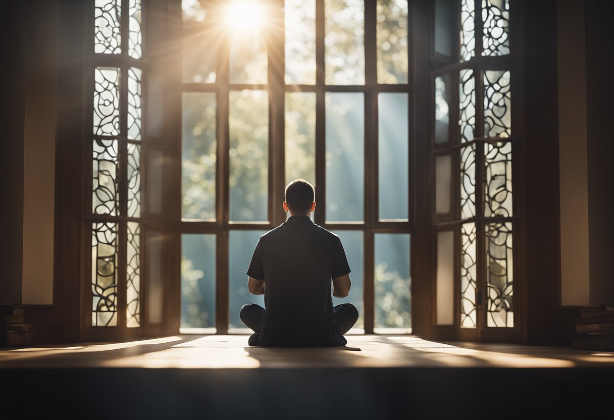 A serene figure sits in prayer, surrounded by open Bible, notebook, and pen. Sunlight streams through a window, casting a warm glow on the scene