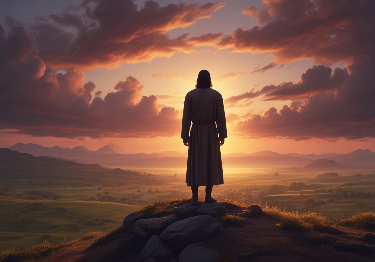 Silhouette at sunset overlooking landscape