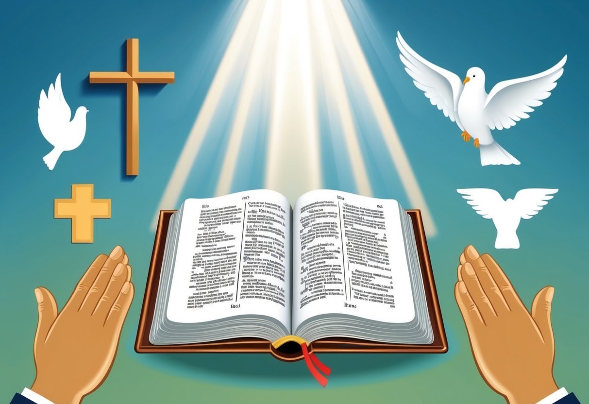A beam of light shining down on an open Bible, surrounded by symbols of faith such as a cross, dove, and praying hands