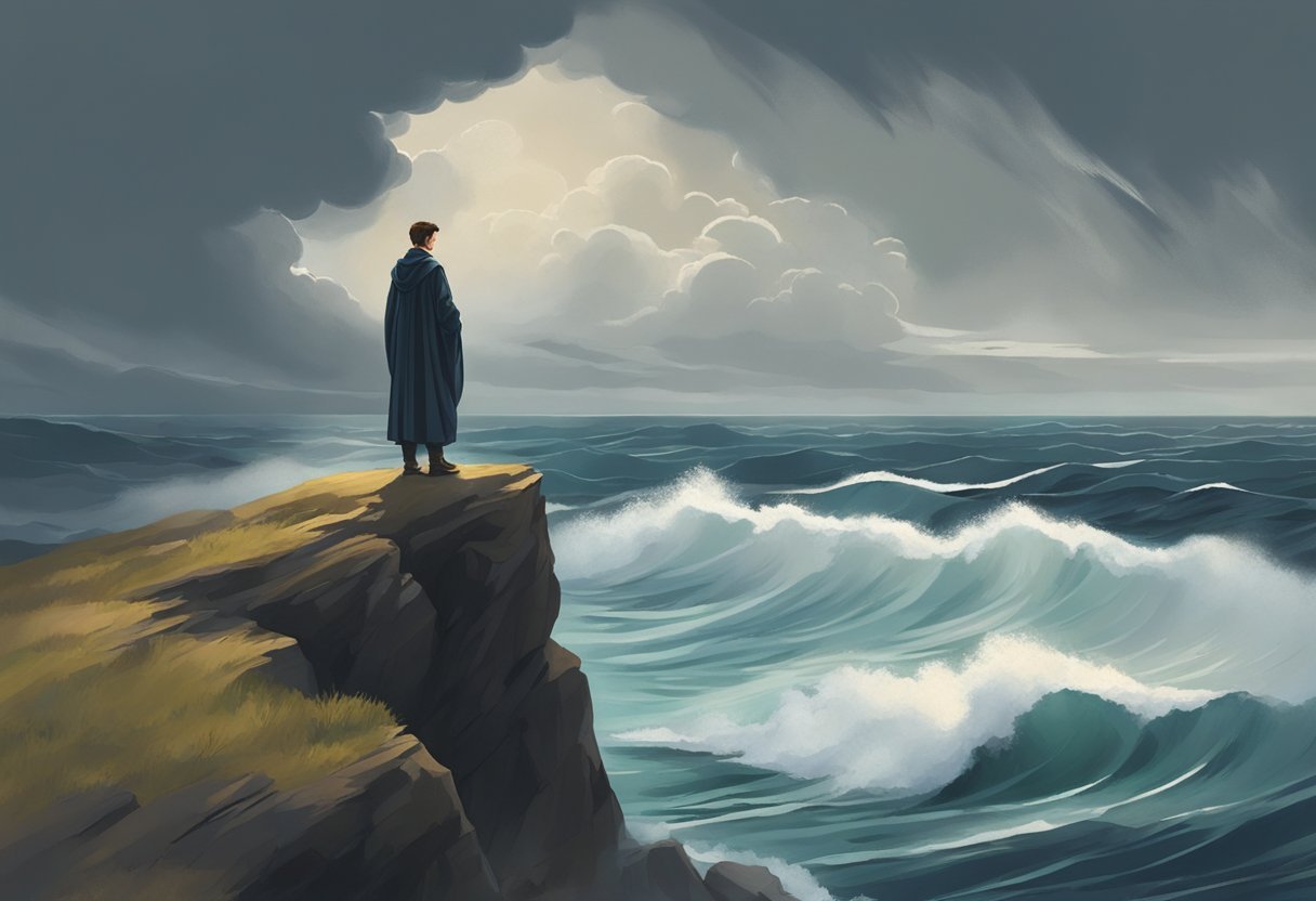 A lone figure standing on a cliff edge, gazing out at a stormy sea with a determined expression. The wind whips at their clothing as they cling to a symbol of faith