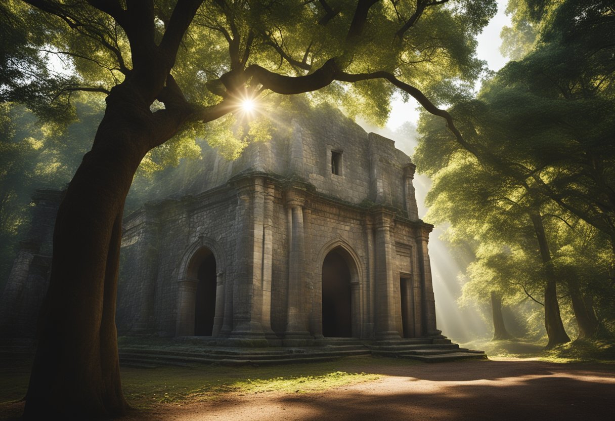 A serene, ancient stone building surrounded by towering trees with rays of sunlight breaking through the branches