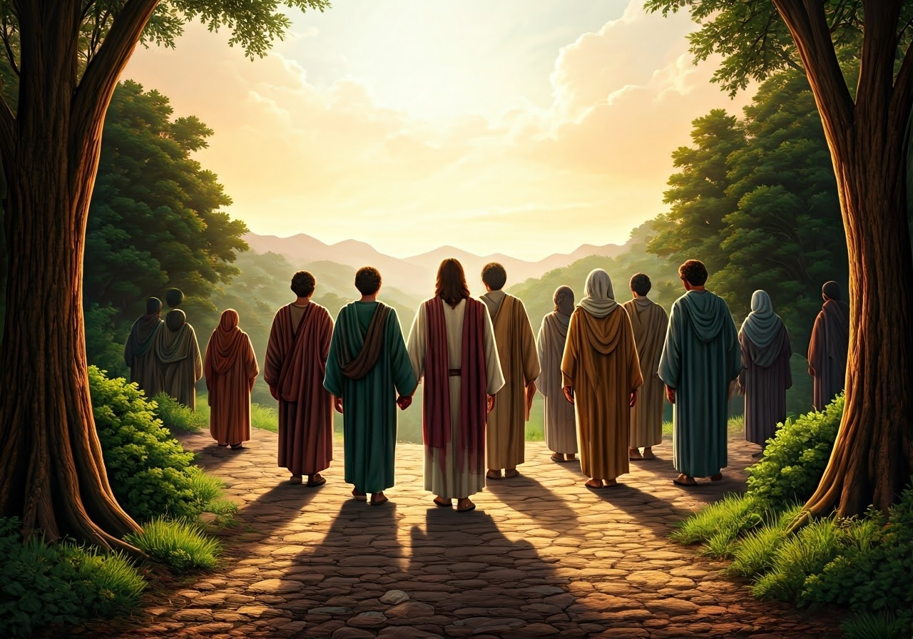 Jesus guiding diverse group