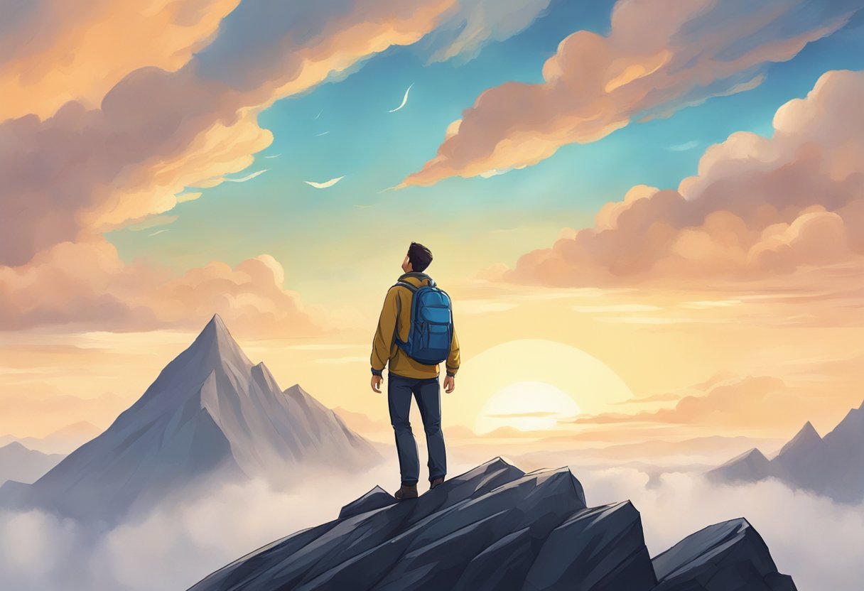 A man standing on a mountain, looking up at the sky with a sense of determination and faith