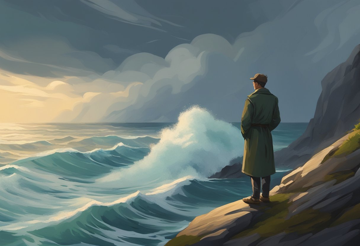 A serene figure stands on a cliff, gazing out at a stormy sea. The figure's posture exudes confidence and peace, despite the turbulent waters below