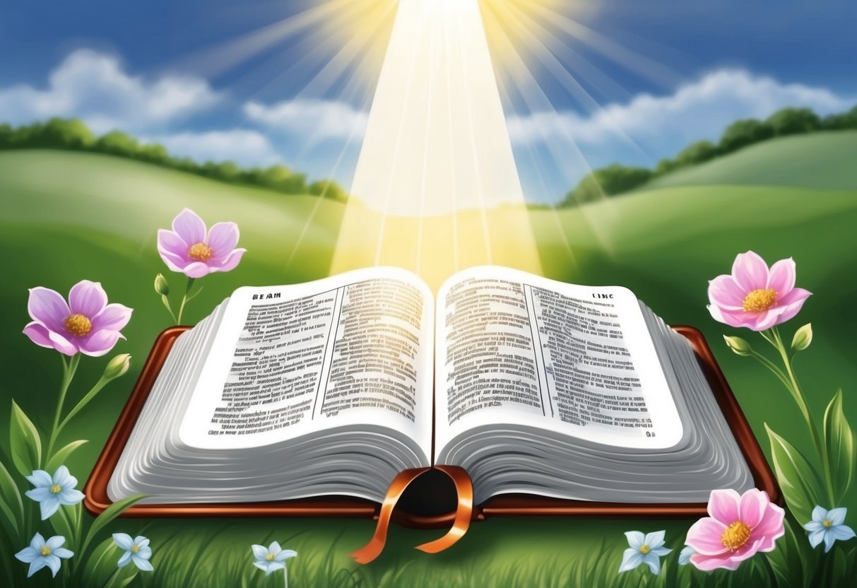 A beam of light shining down onto an open Bible, surrounded by blooming flowers and a peaceful, serene landscape