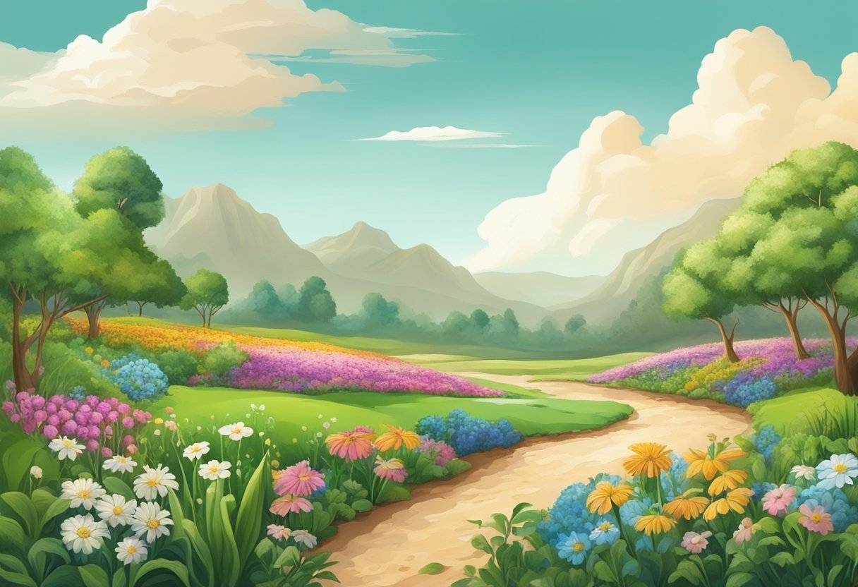 A barren land transformed into a lush garden, with seeds sprouting and blooming flowers, reflecting faith and creation