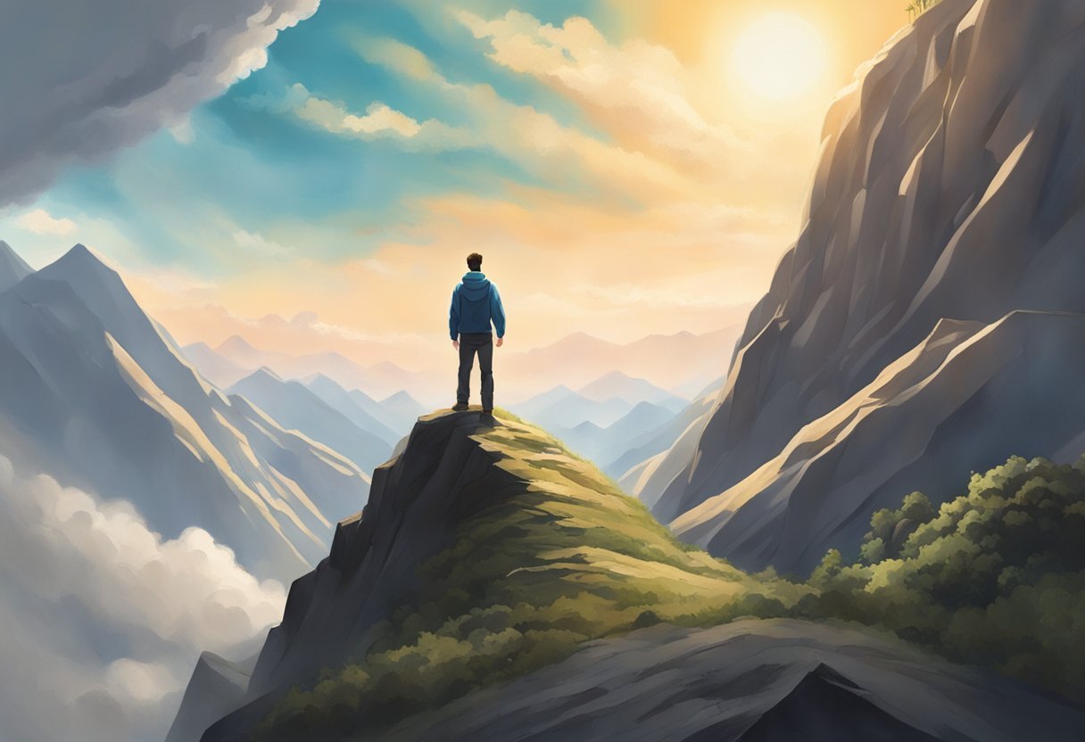 A man standing atop a mountain, looking up at the sky with unwavering faith