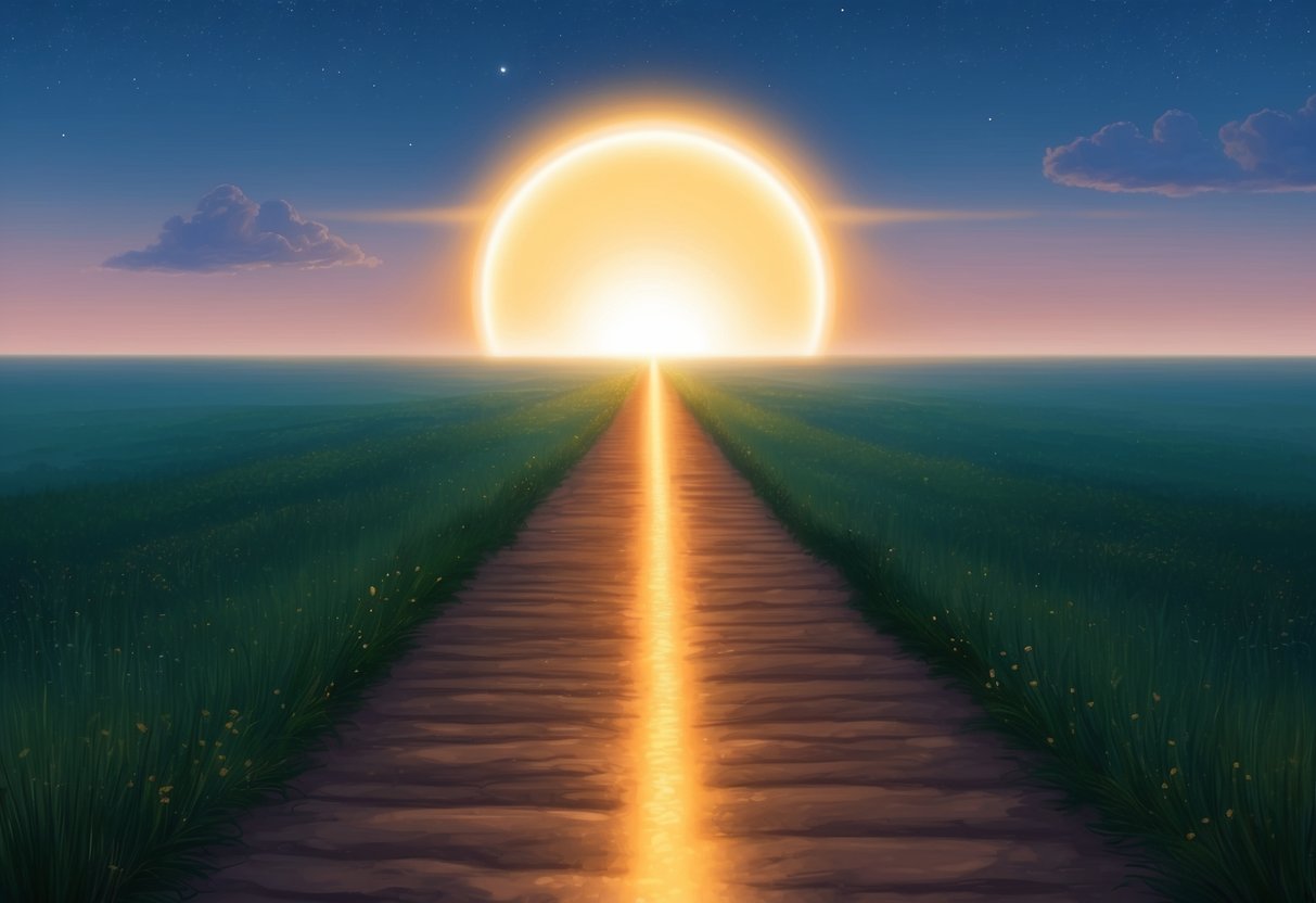 A glowing light illuminates a path leading towards a distant horizon, symbolizing hope and faith in the future