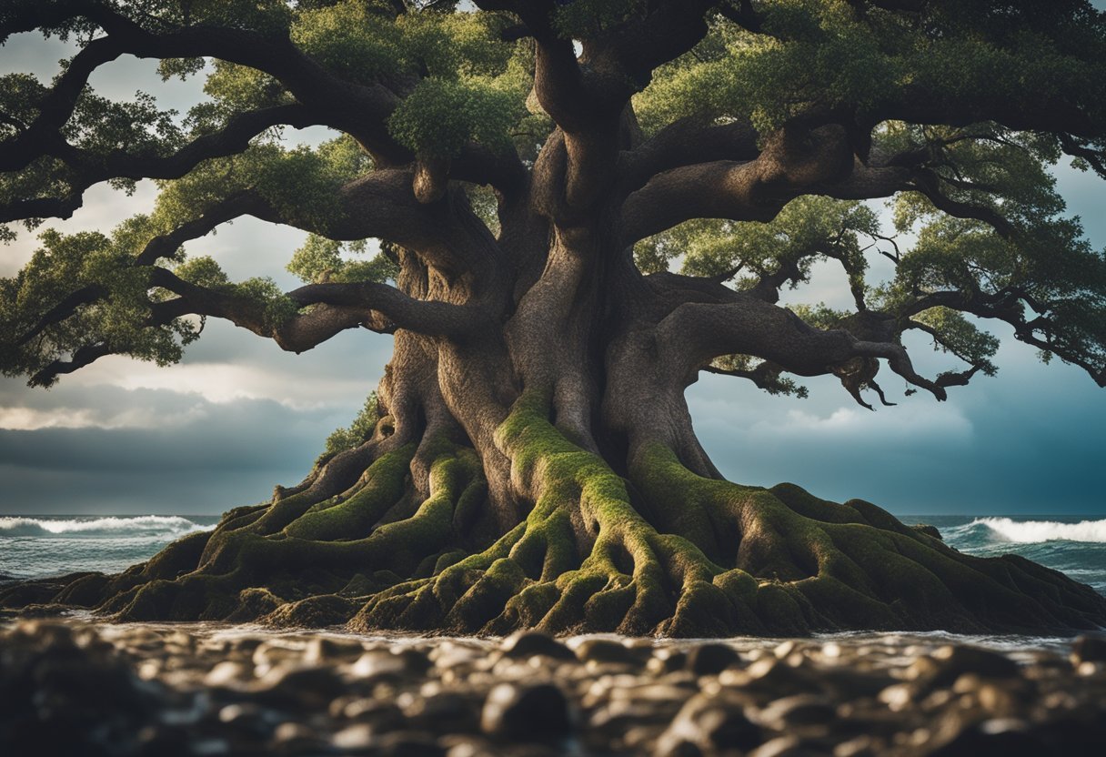 A sturdy oak tree with deep roots, surrounded by a stormy sea but standing strong and unyielding, symbolizing unshakable faith