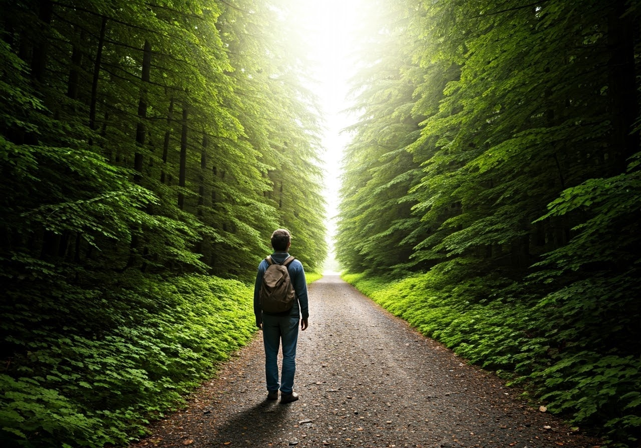 Person looking towards bright horizon