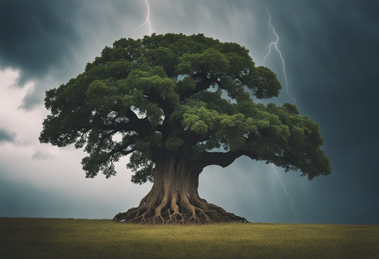A sturdy oak tree with deep roots, standing tall amidst a storm, symbolizing unshakable faith