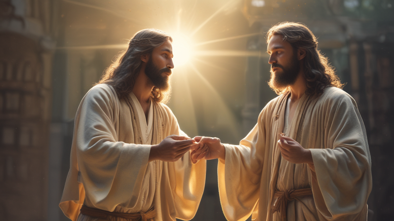 Blind men with Jesus, cinematic.