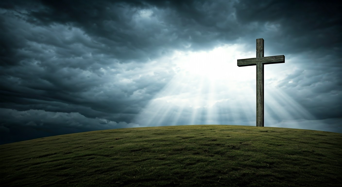 Cross on a hill under stormy sky