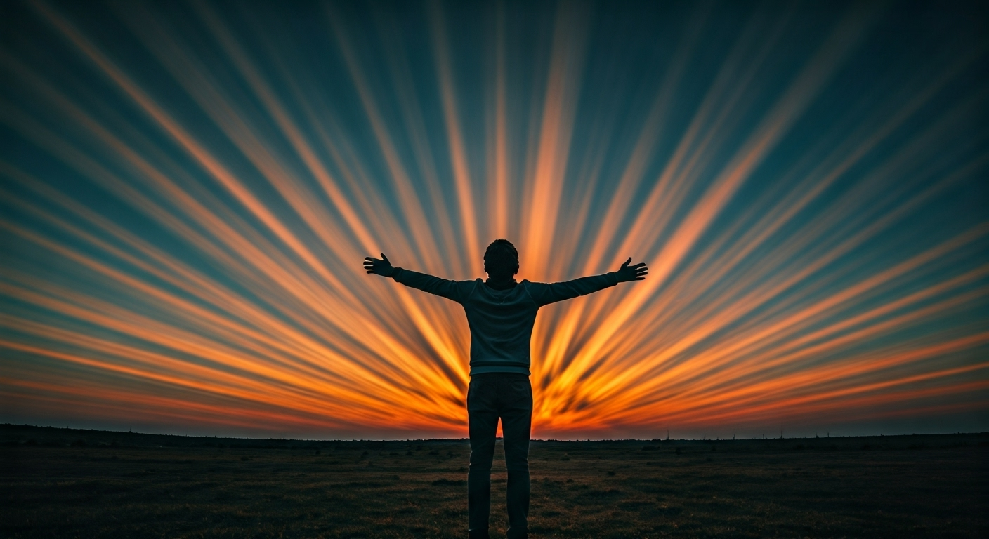 figure arms outstretched under sky