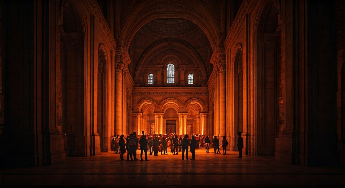 ancient building glowing with people