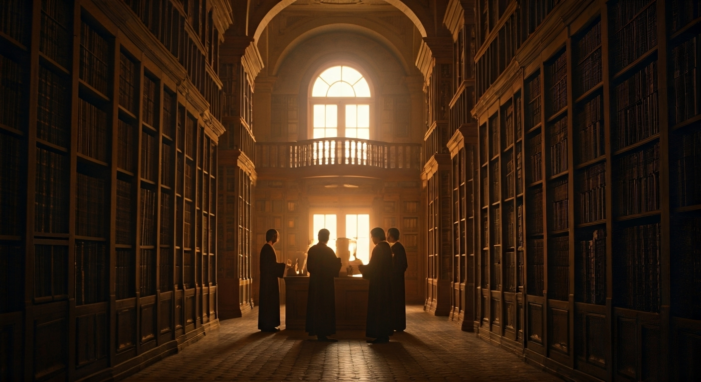 scholars discussing in ancient library