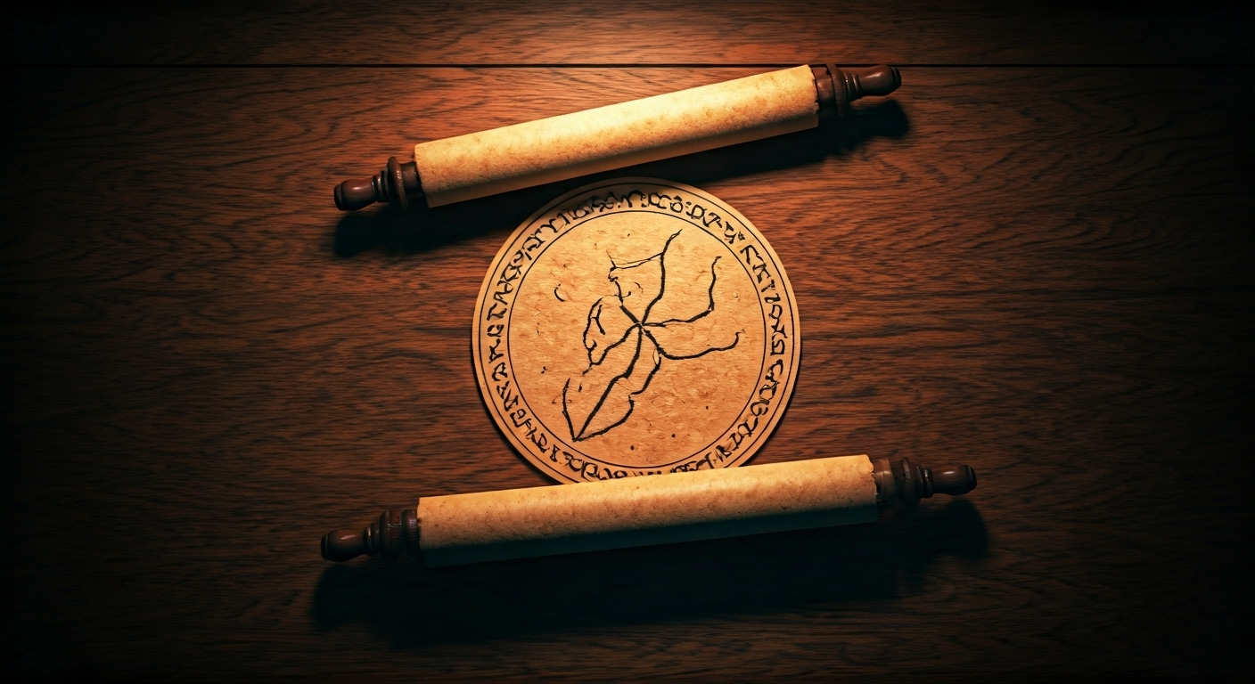 scrolls and symbols on wooden table