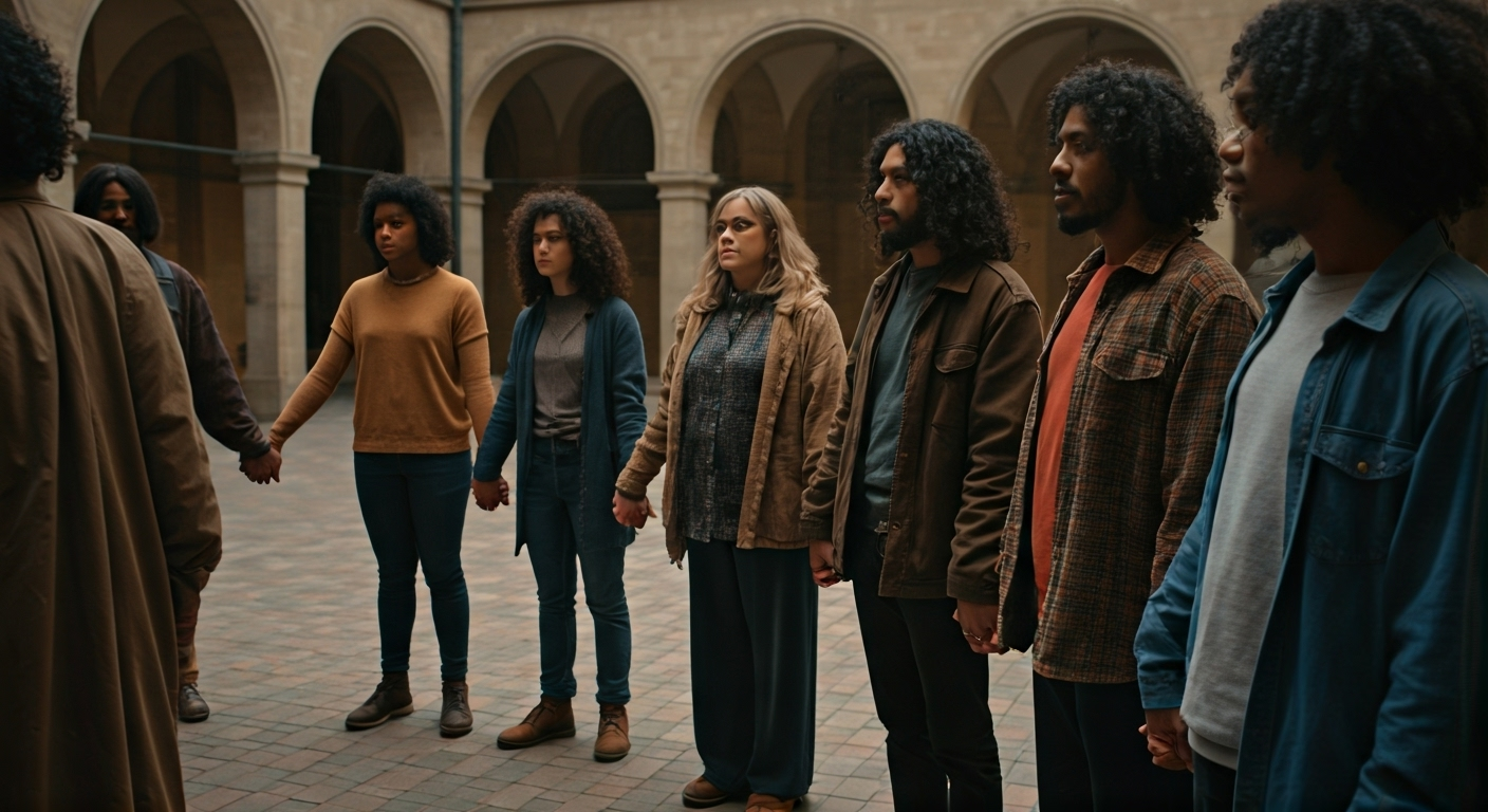 diverse group united in courtyard