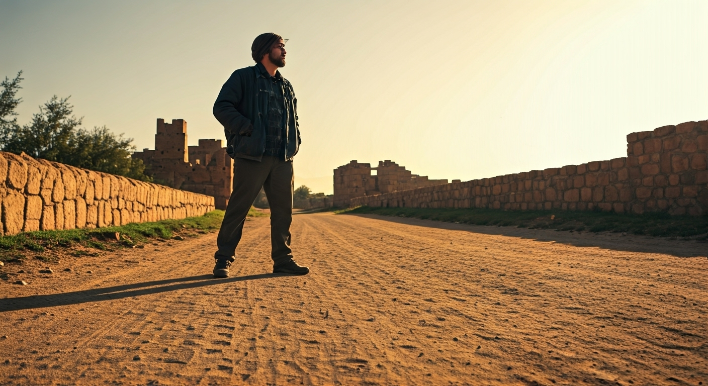 traveler on dusty road outside city