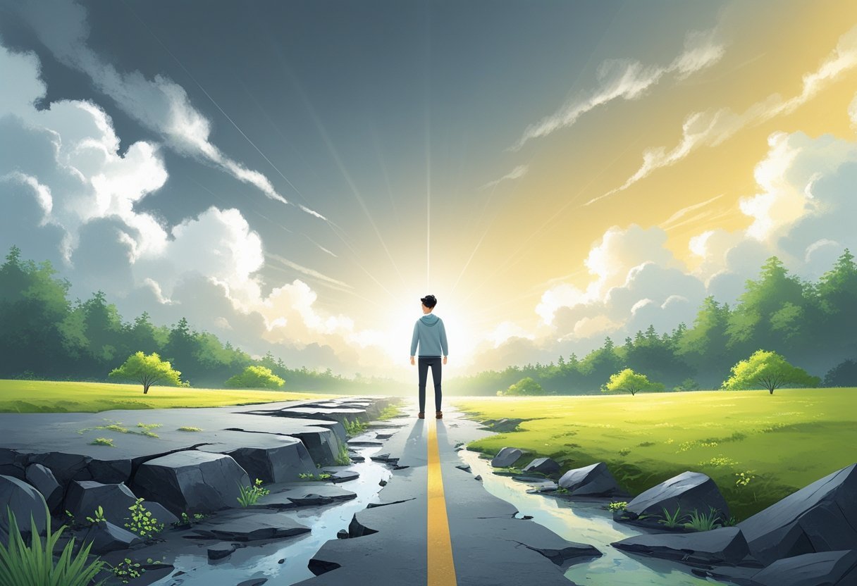 A person stands at a crossroads with one path rocky and broken, the other bright and flourishing, symbolizing turning failure into opportunity.