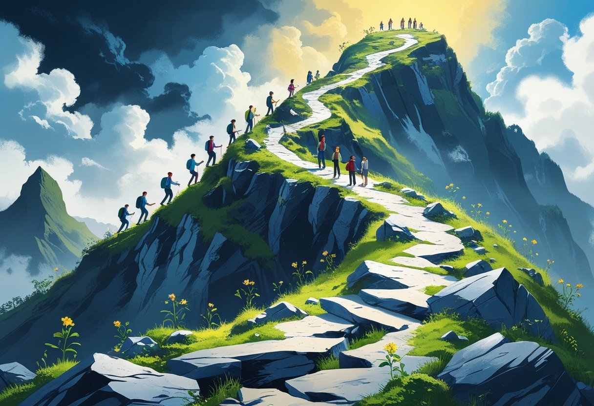 People climbing a mountain path from rocky terrain into a bright sky with blooming plants along the way.