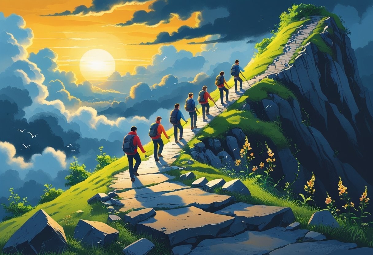 A group of people climbing a mountain path from rocky obstacles at the bottom to a bright sunrise at the top, symbolizing overcoming challenges and reaching success.