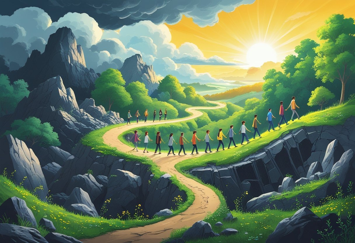 A winding path moves from rocky terrain to a bright, blooming landscape with people walking forward and helping each other, under a sky changing from stormy clouds to clear sunlight.