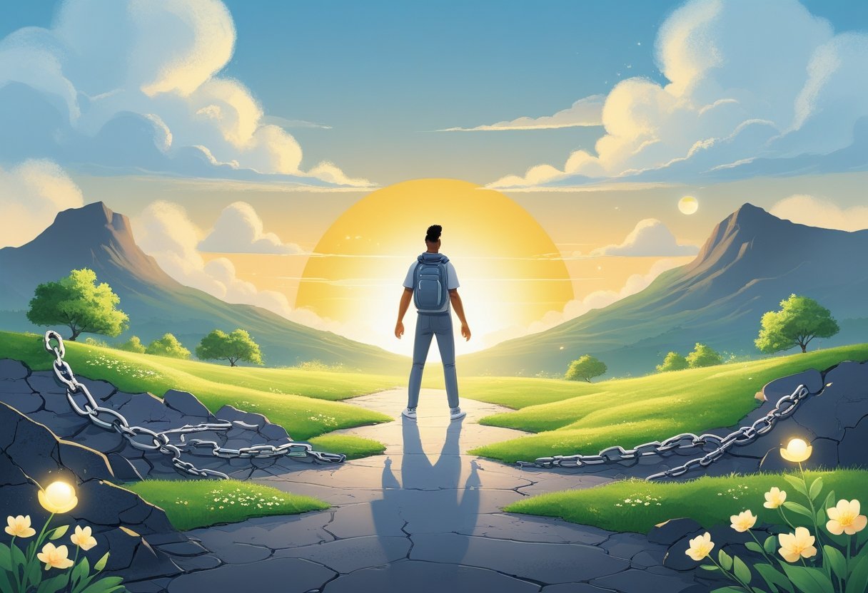 A person standing at a forked path in nature, with one path rocky and dark and the other bright and flourishing, holding a glowing orb, surrounded by blossoming flowers and a rising sun on the horizon.