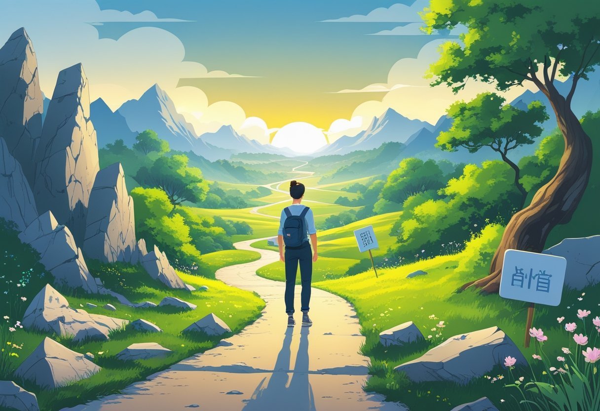 A person standing on a winding path that changes from rocky and difficult to bright and flourishing, symbolizing growth and new opportunities.