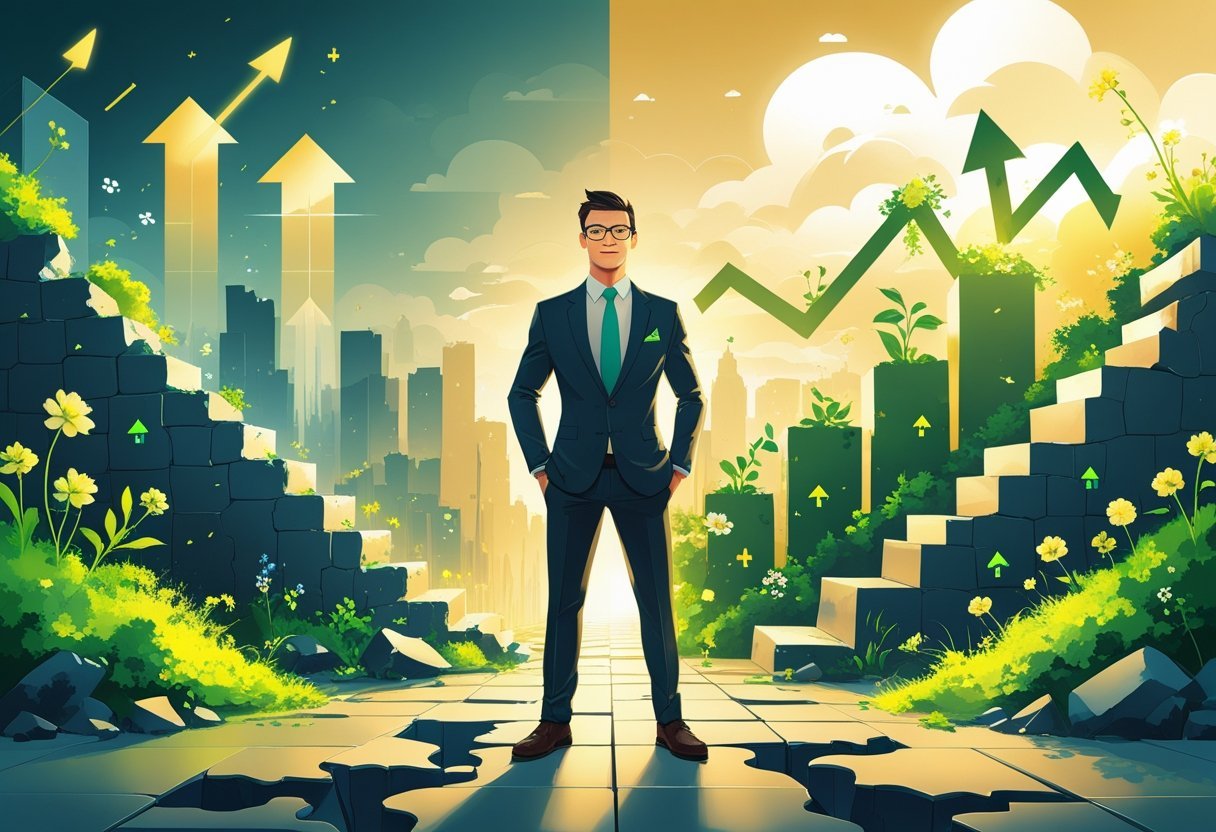 A businessperson standing at a crossroads with one path broken and the other flourishing, surrounded by symbols of challenges turning into growth and progress.